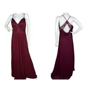 MORI LEE MADELINE GARDNER Size 12 Gown Maxi Dress Lace Chiffon Strappy Burgundy